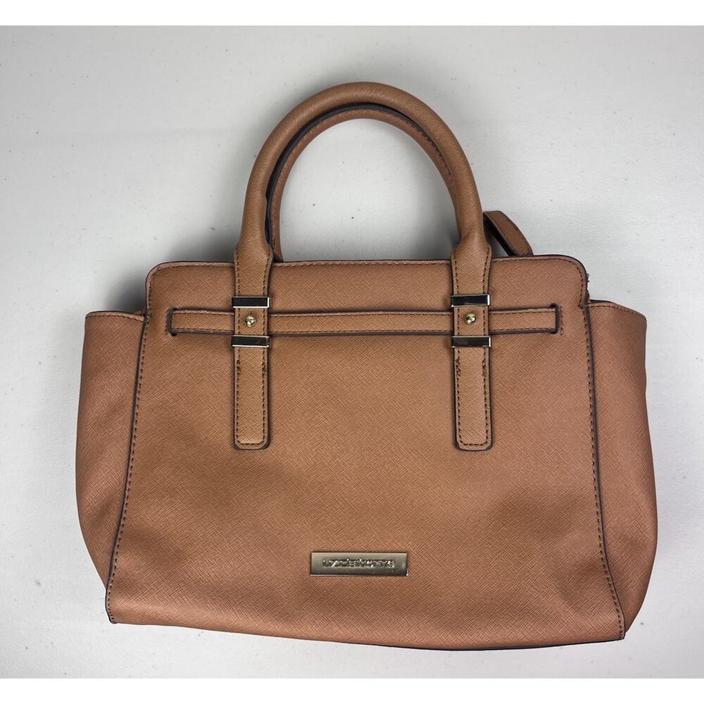 Liz Claiborne Tan Tote Handbag Structured Faux Leather Satchel Purse 13”